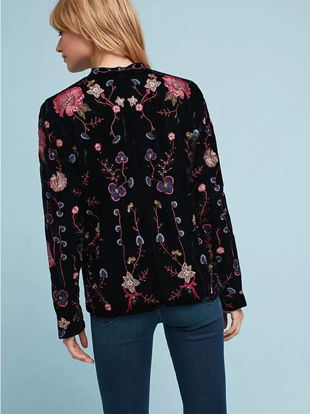 Anthropologie Black Velvet Embroidered Floral Jacket
